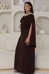 Full-length chocolate brown dress with rhinestone detailing on the neckline.