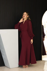 Burgundy dress with 3D floral hand-beaded appliqué on the bodice and sleeves.