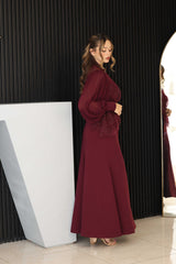 Burgundy dress with 3D floral hand-beaded appliqué on the bodice and sleeves.