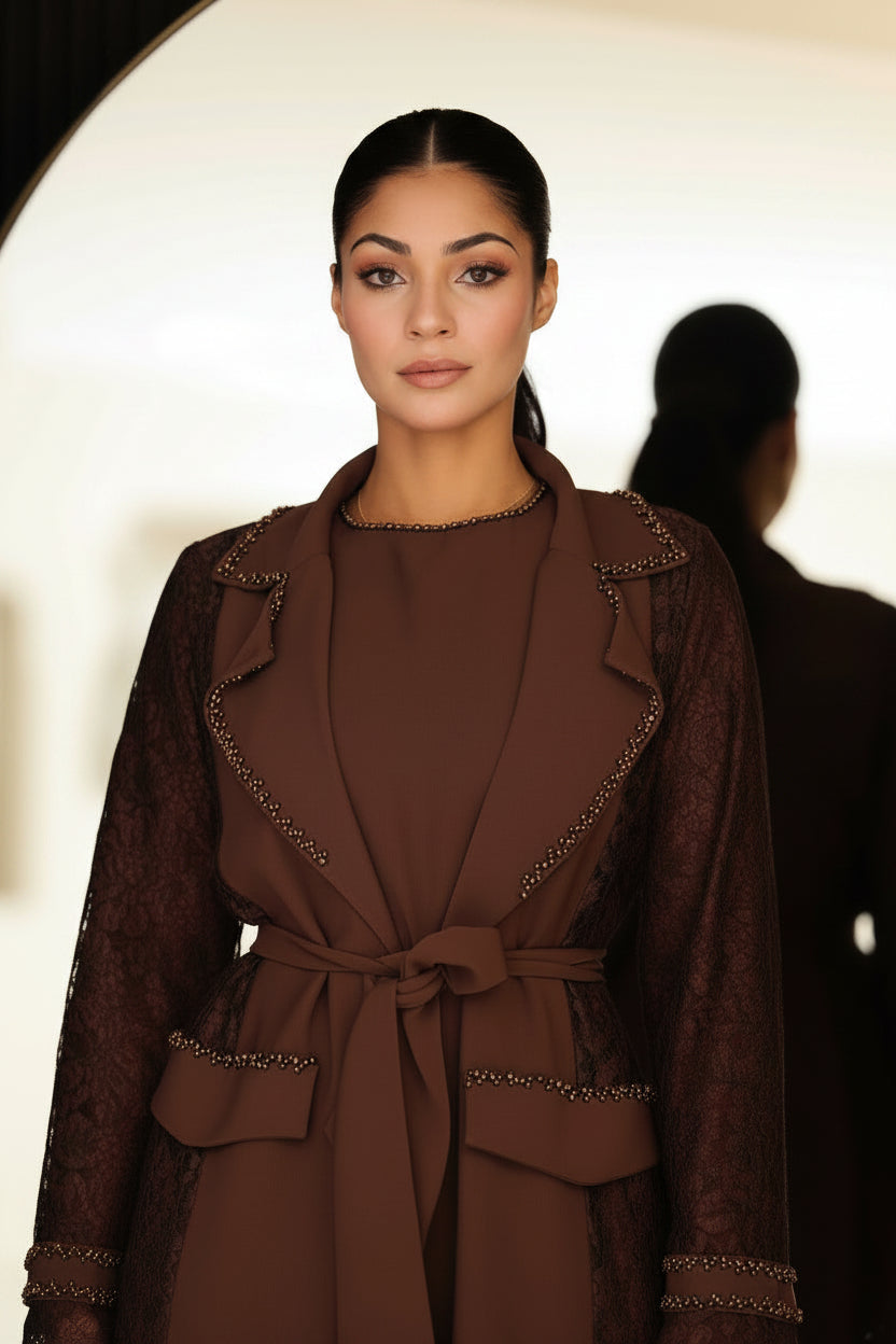 Two-piece chocolate brown lace abaya set with hand-beadwork, including inner dress.