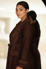Two-piece chocolate brown lace abaya set with hand-beadwork, including inner dress.