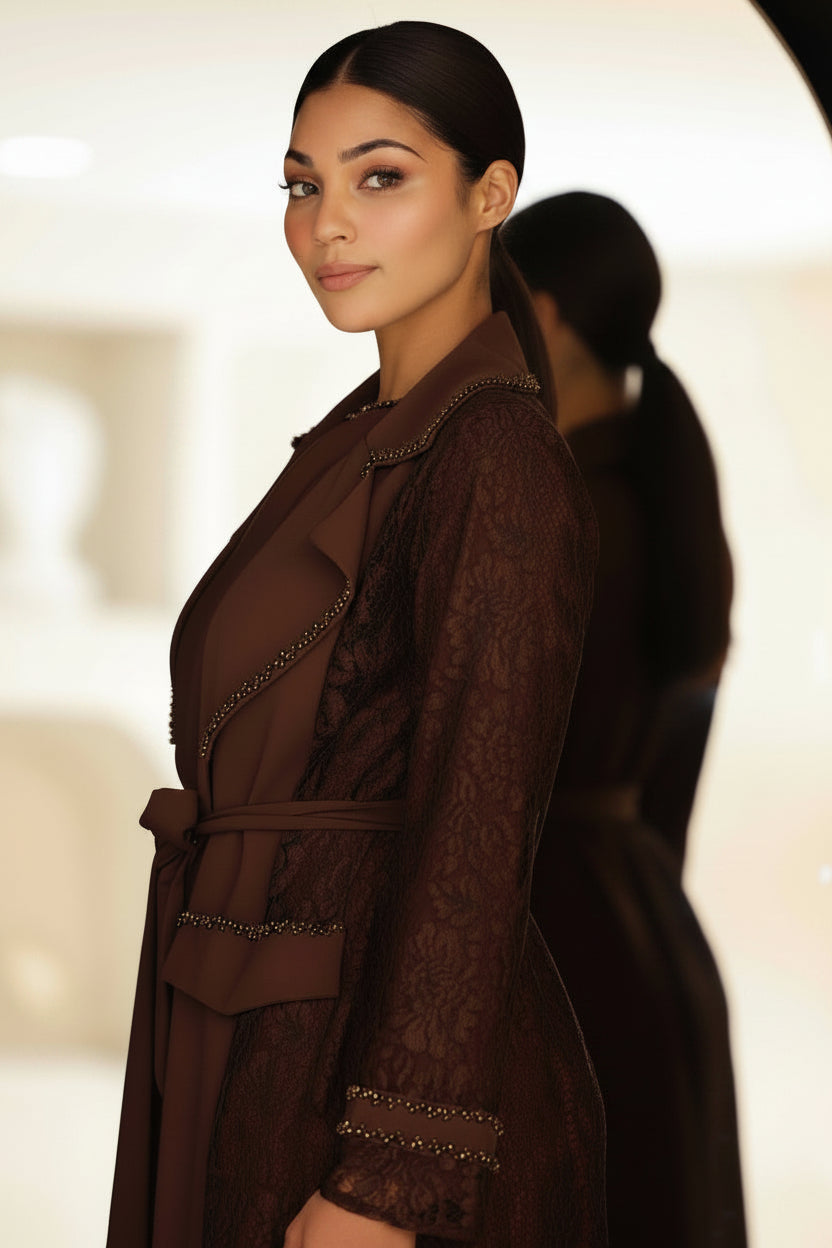 Two-piece chocolate brown lace abaya set with hand-beadwork, including inner dress.
