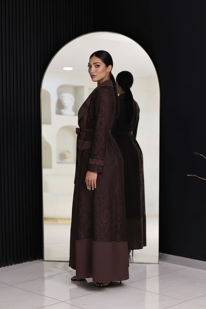 Two-piece chocolate brown lace abaya set with hand-beadwork, including inner dress.