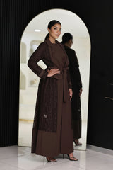 Two-piece chocolate brown lace abaya set with hand-beadwork, including inner dress.