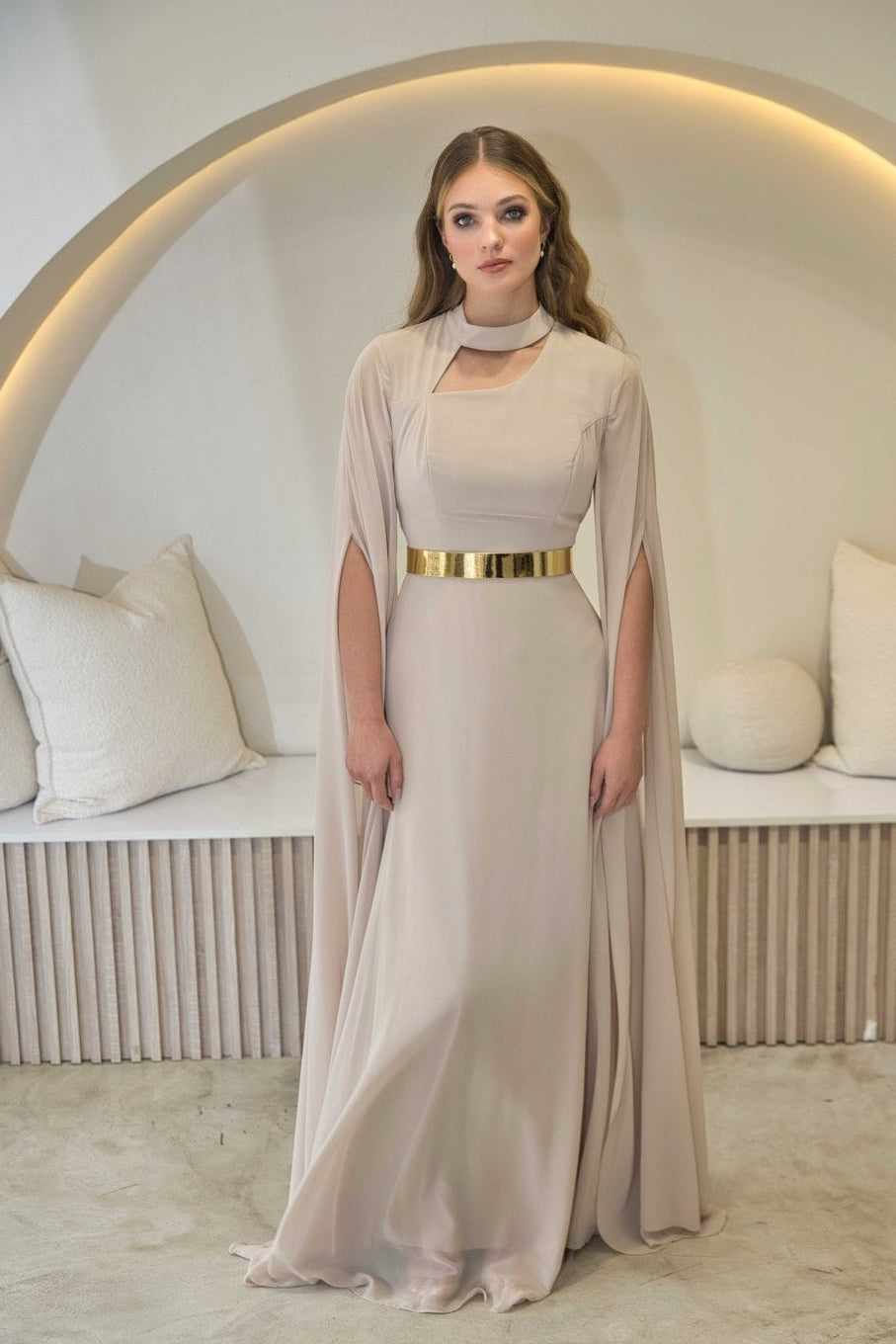 Exclusive Taupe Dress with Gold Belt & Cape sleeves - Maxi Dress