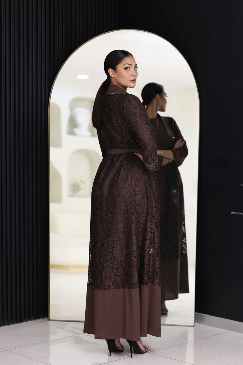 Two-piece chocolate brown lace abaya set with hand-beadwork, including inner dress.