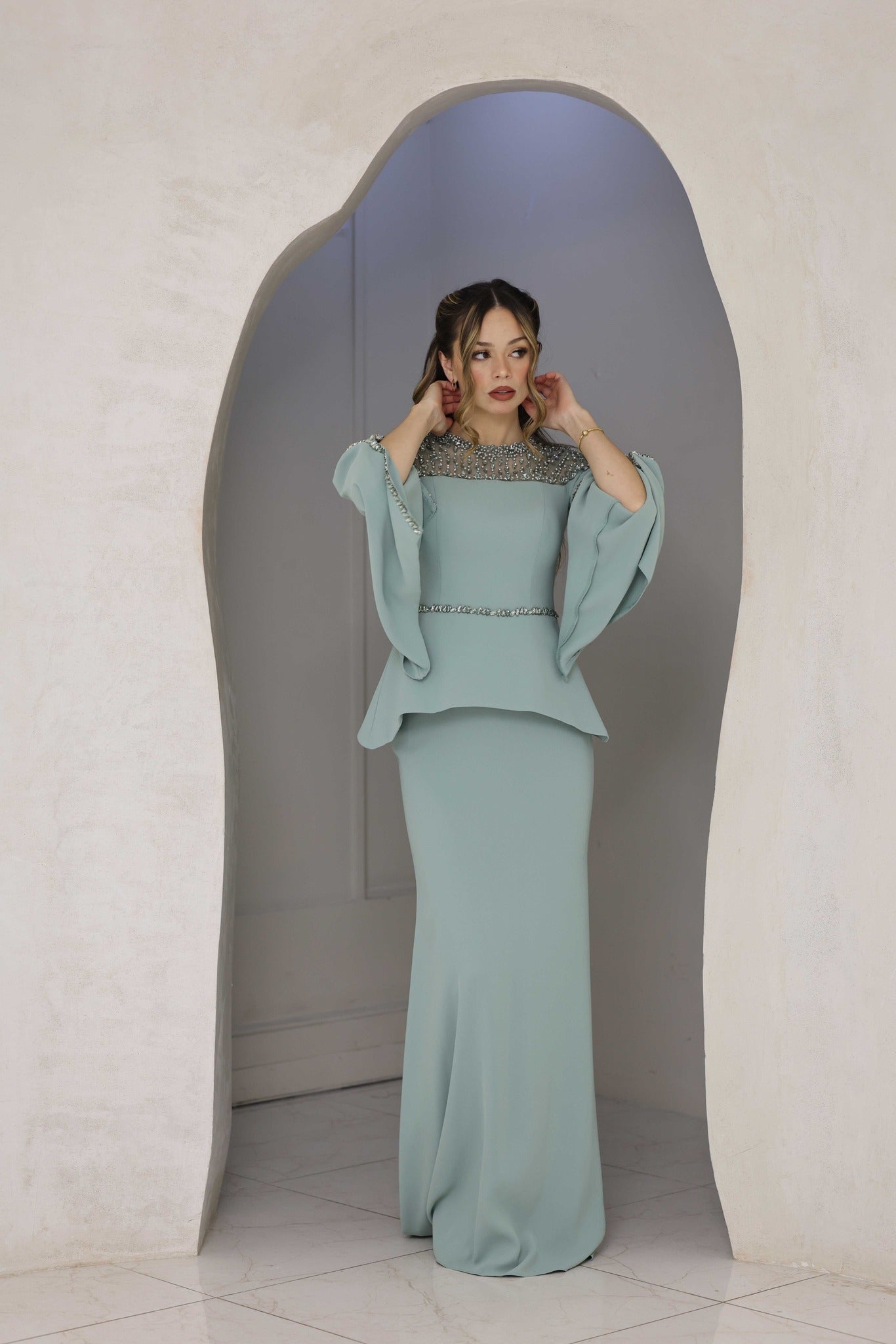 Luxury Sage Green Evening Dress with cut-out bell sleeves and hand-beadwork