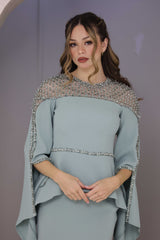 Luxury Sage Green Evening Dress with cut-out bell sleeves and hand-beadwork