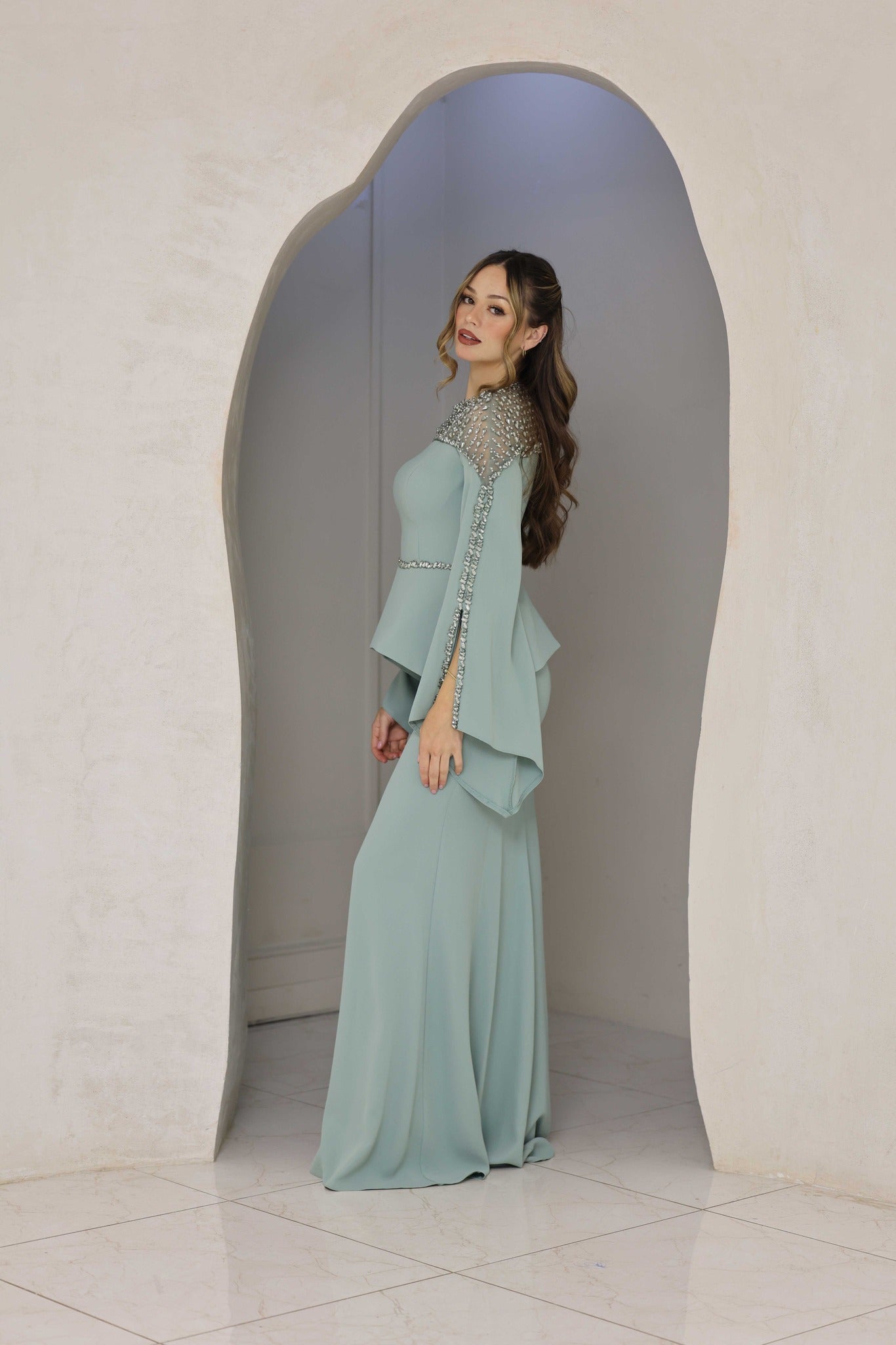 Luxury Sage Green Evening Dress with cut-out bell sleeves and hand-beadwork