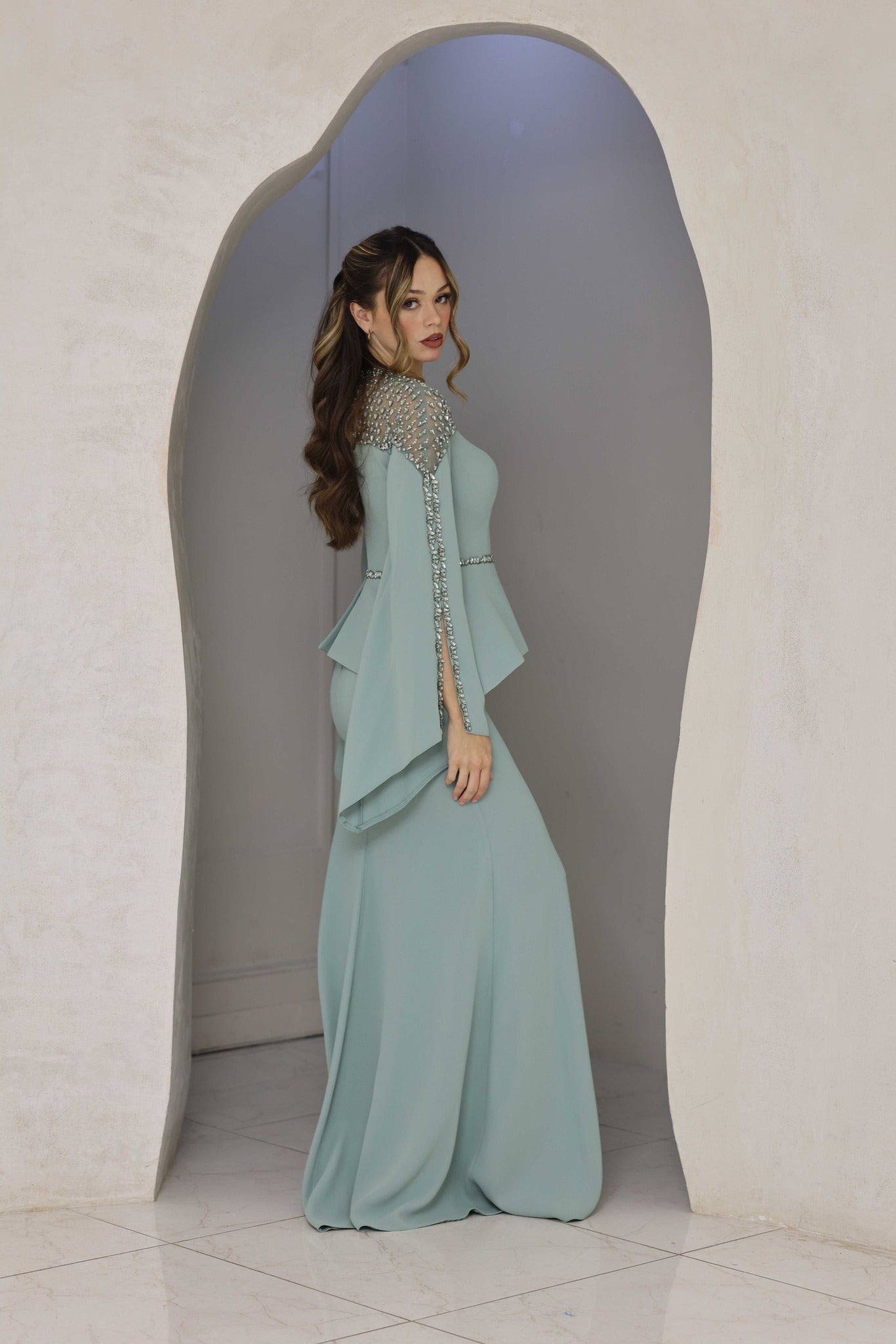 Luxury Sage Green Evening Dress with cut-out bell sleeves and hand-beadwork