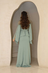 Luxury Sage Green Evening Dress with cut-out bell sleeves and hand-beadwork