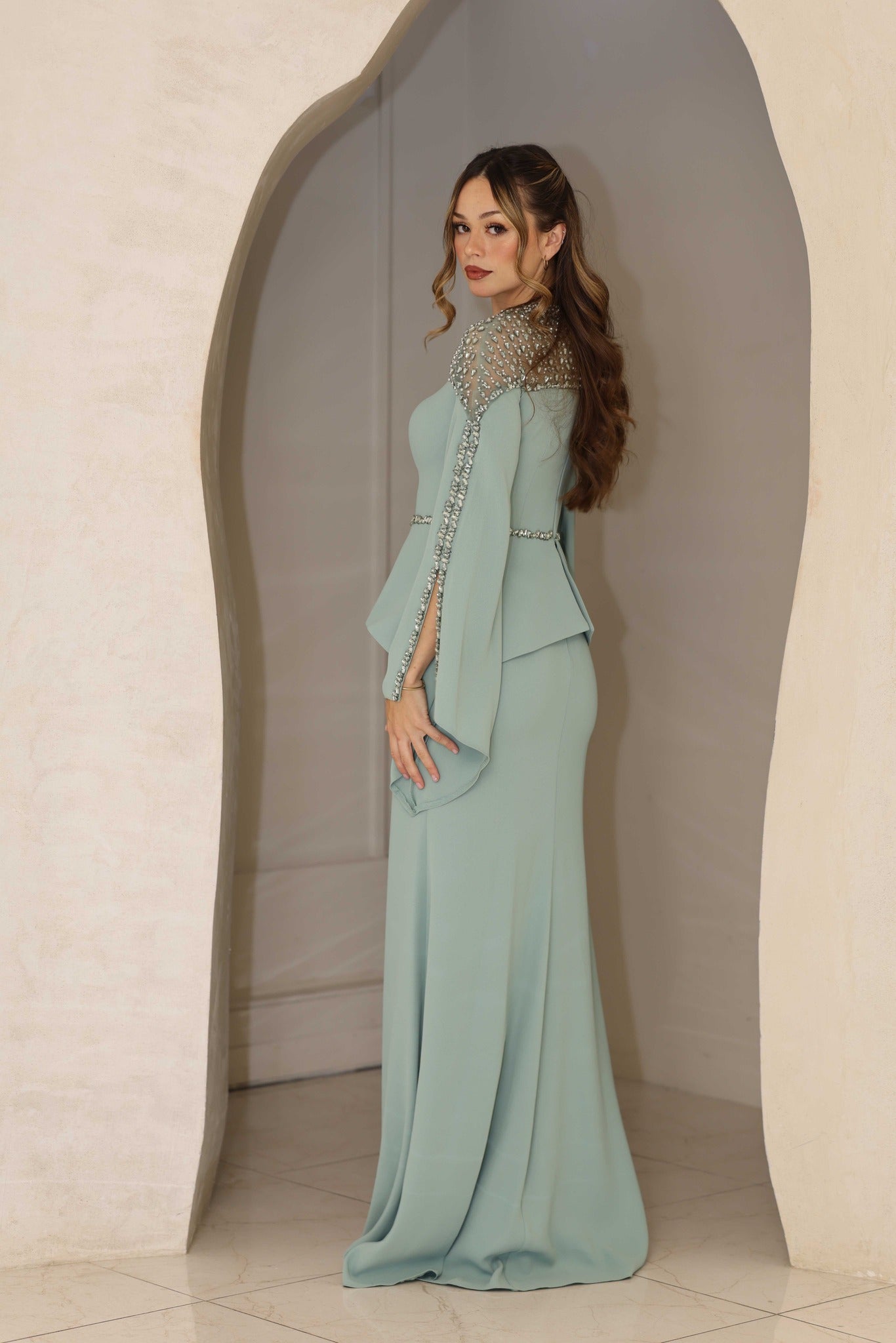 Luxury Sage Green Evening Dress with cut-out bell sleeves and hand-beadwork
