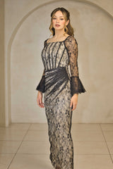 Black and nude lace maxi dress with full-length lace detailing.