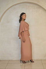 Full-length cinnamon satin dress with beaded detailing and flowy sleeves.