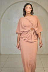 Full-length cinnamon satin dress with beaded detailing and flowy sleeves.