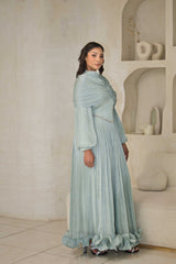 Mint green chiffon pleated dress with rhinestone detailing.