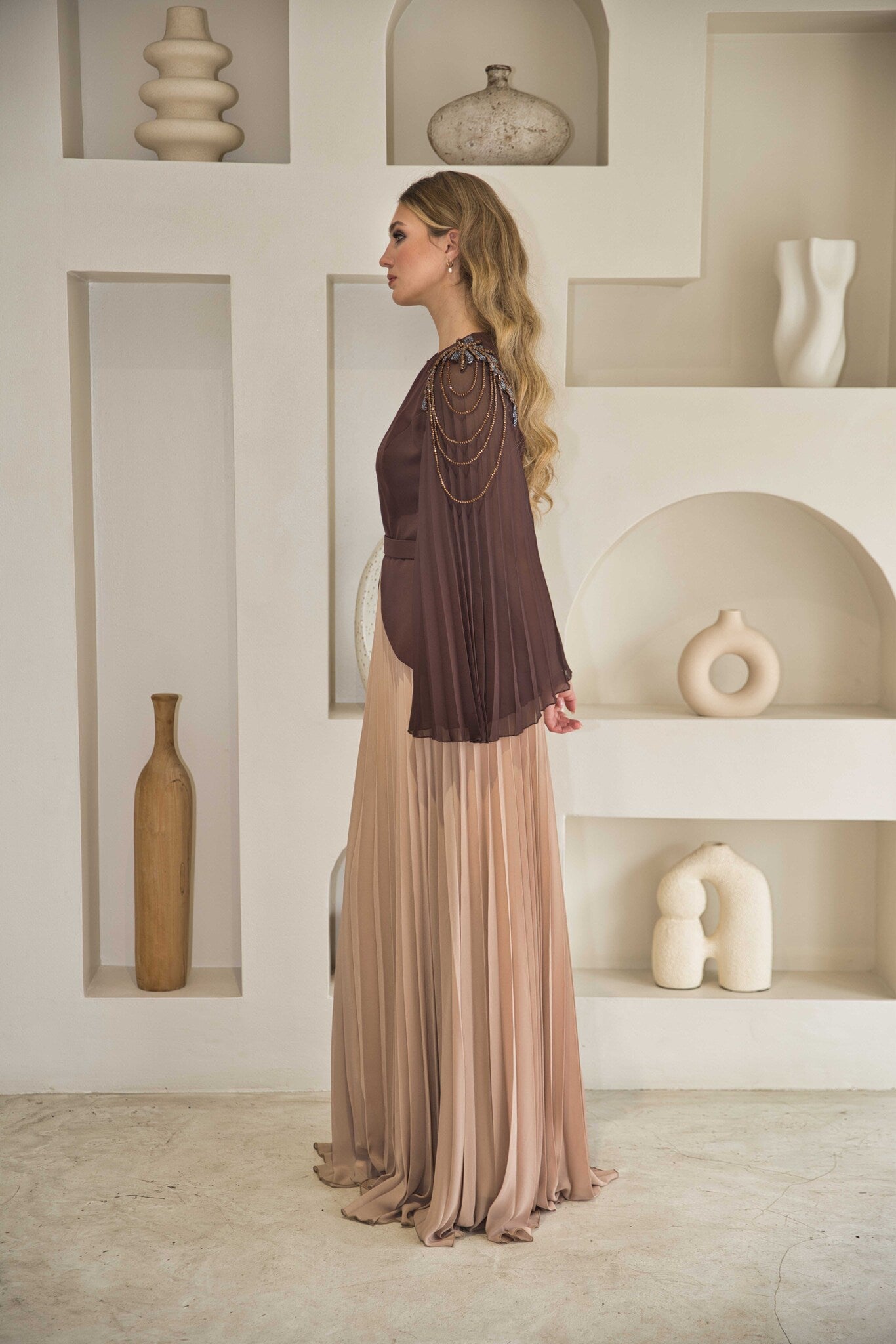 Exclusive chocolate & nude pleated dress with hand-bead work on shoulders