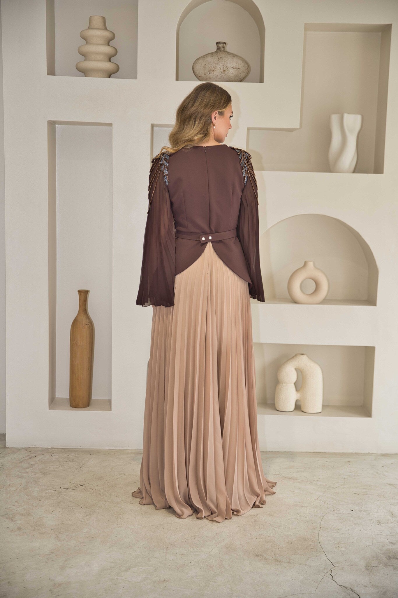 Exclusive chocolate & nude pleated dress with hand-bead work on shoulders