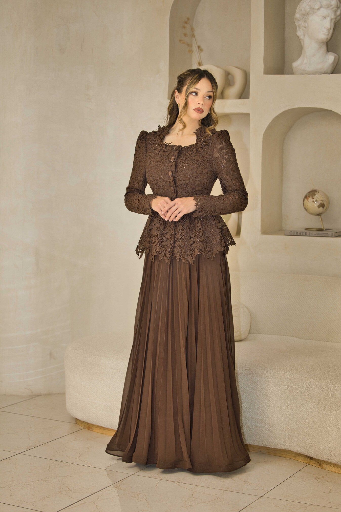 Chocolate brown lace pleated dress with hand-beaded detailing.