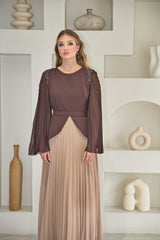 Exclusive chocolate & nude pleated dress with hand-bead work on shoulders