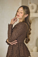 Chocolate brown lace pleated dress with hand-beaded detailing.
