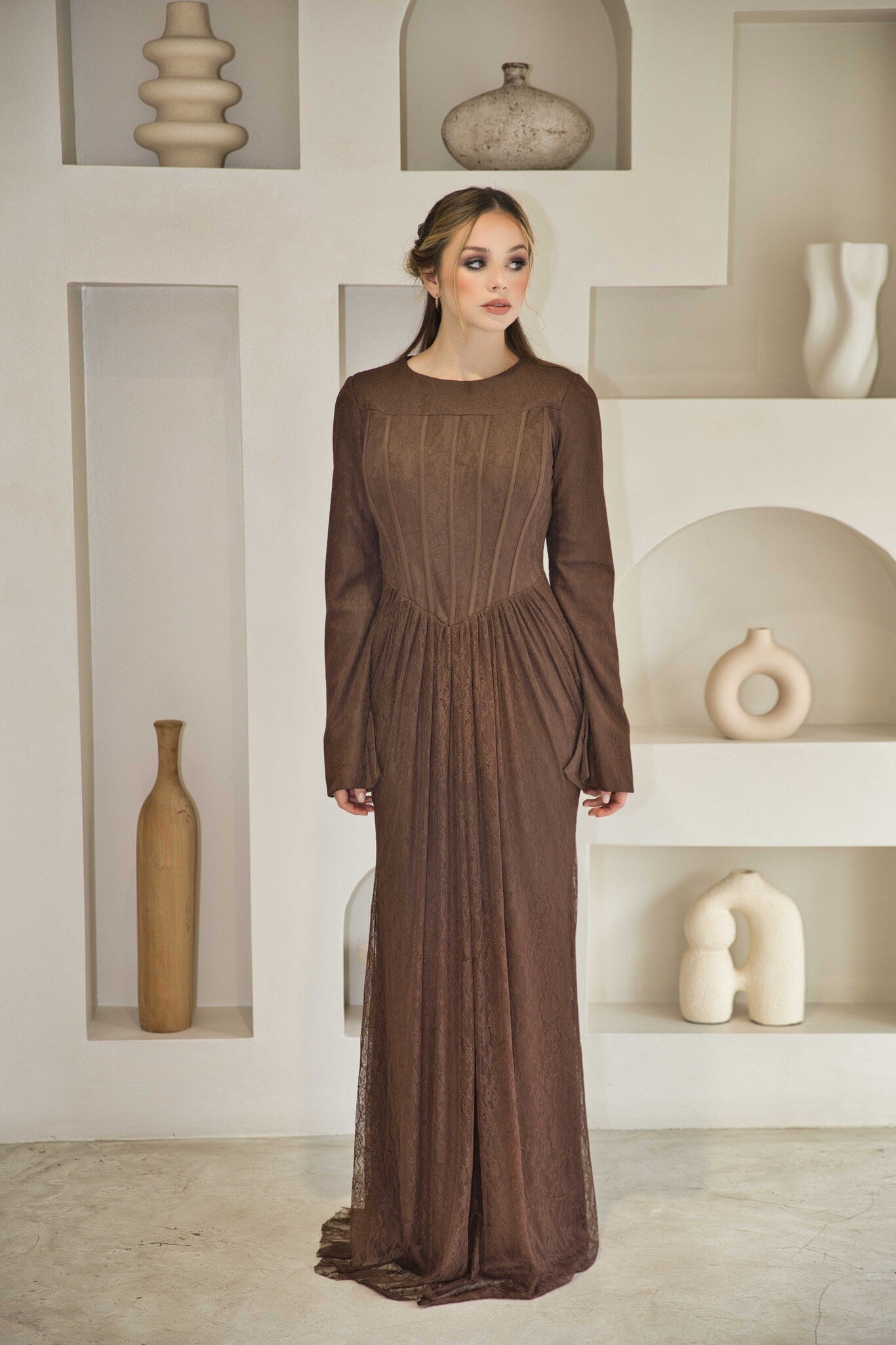 Luxury Brown Lace Dress with built-in corset (full length)