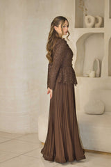 Chocolate brown lace pleated dress with hand-beaded detailing.