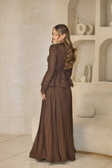 Chocolate brown lace pleated dress with hand-beaded detailing.