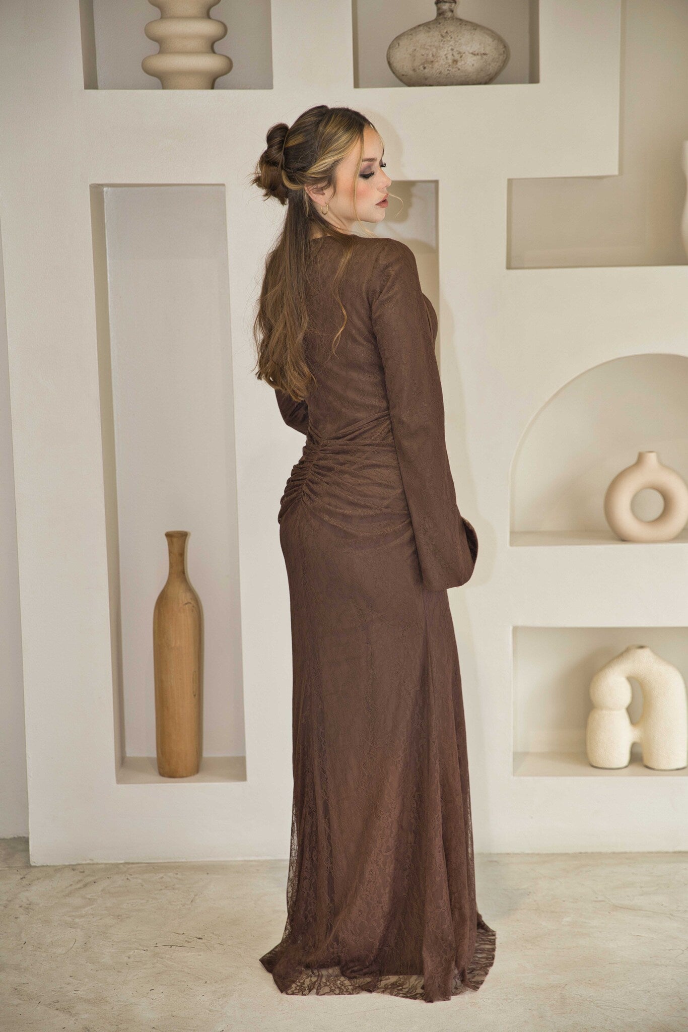 Luxury Brown Lace Dress with built-in corset (full length)
