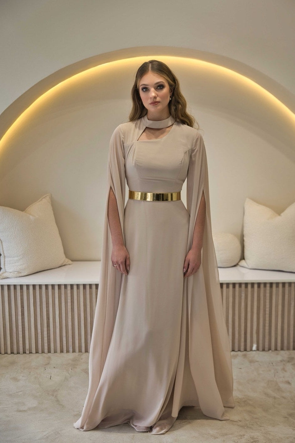 Exclusive Taupe Dress with Gold Belt & Cape sleeves - Maxi Dress