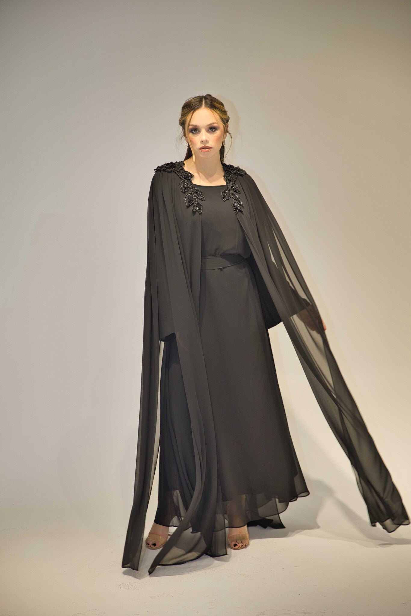 Designer Black Hand-Beaded Dress/Abaya with Cape Sleeves