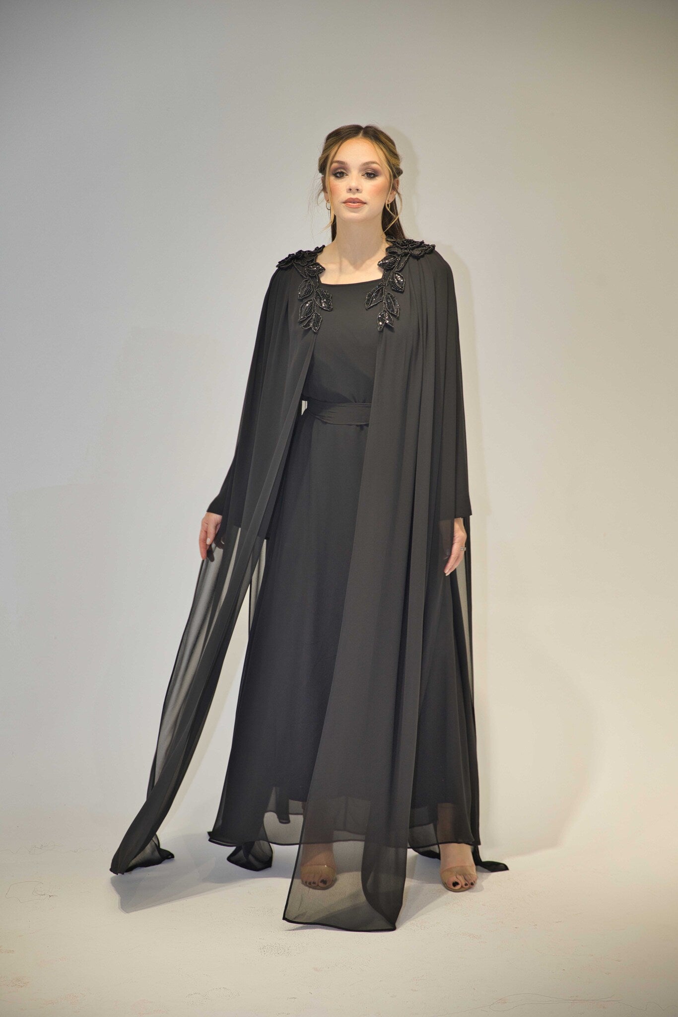 Designer Black Hand-Beaded Dress/Abaya with Cape Sleeves