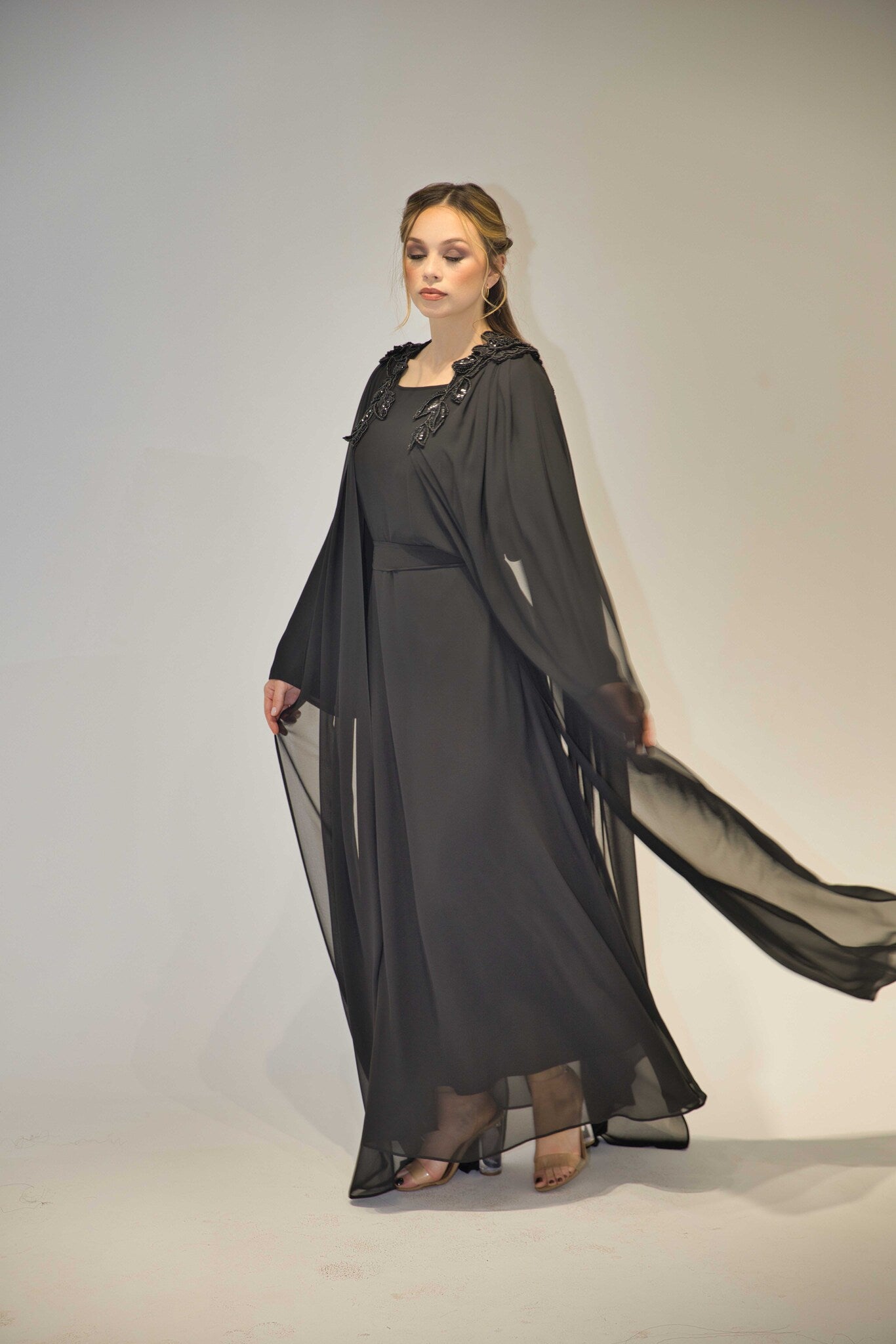 Designer Black Hand-Beaded Dress/Abaya with Cape Sleeves