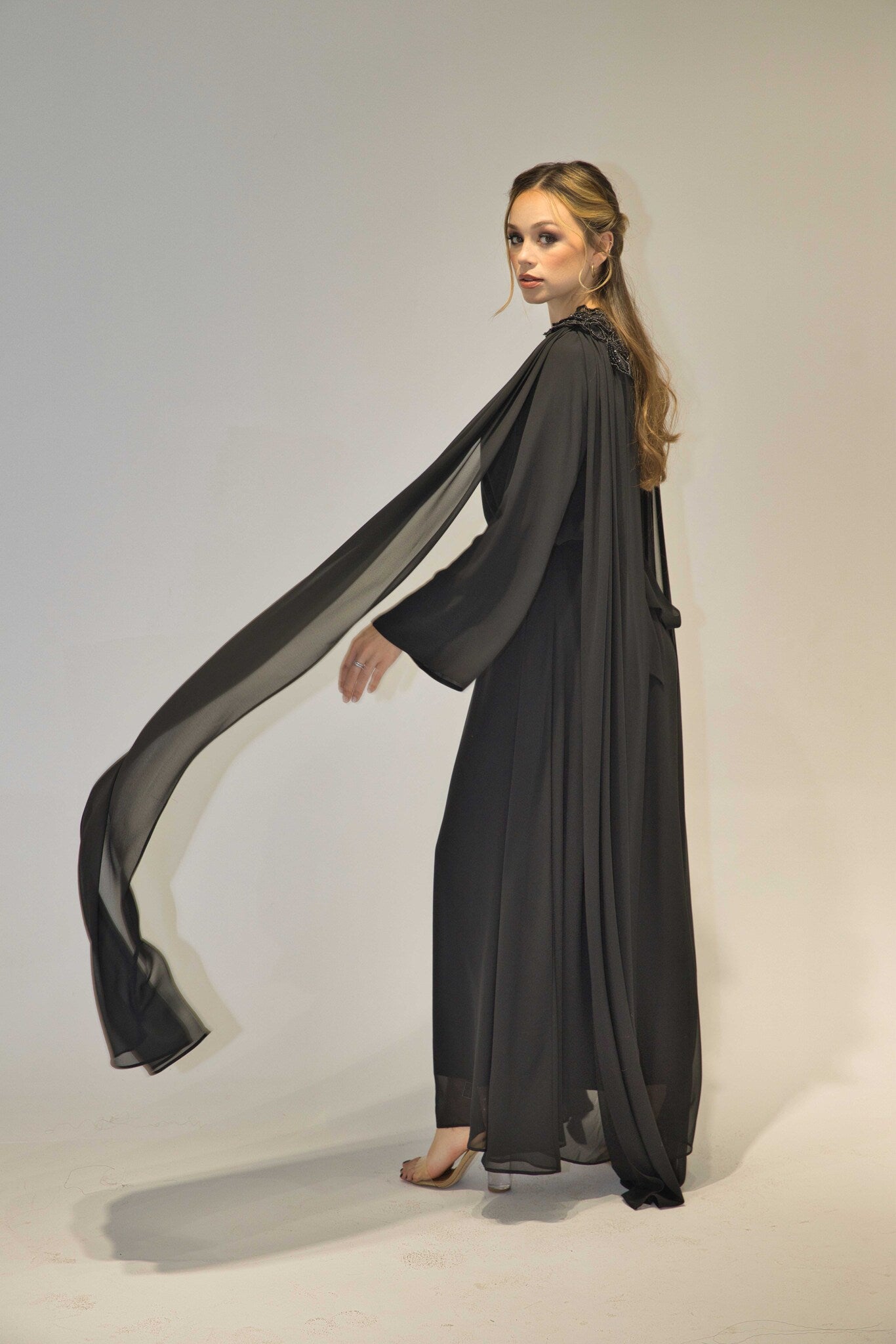 Designer Black Hand-Beaded Dress/Abaya with Cape Sleeves