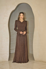 Chocolate brown lace dress with crystal button detail.