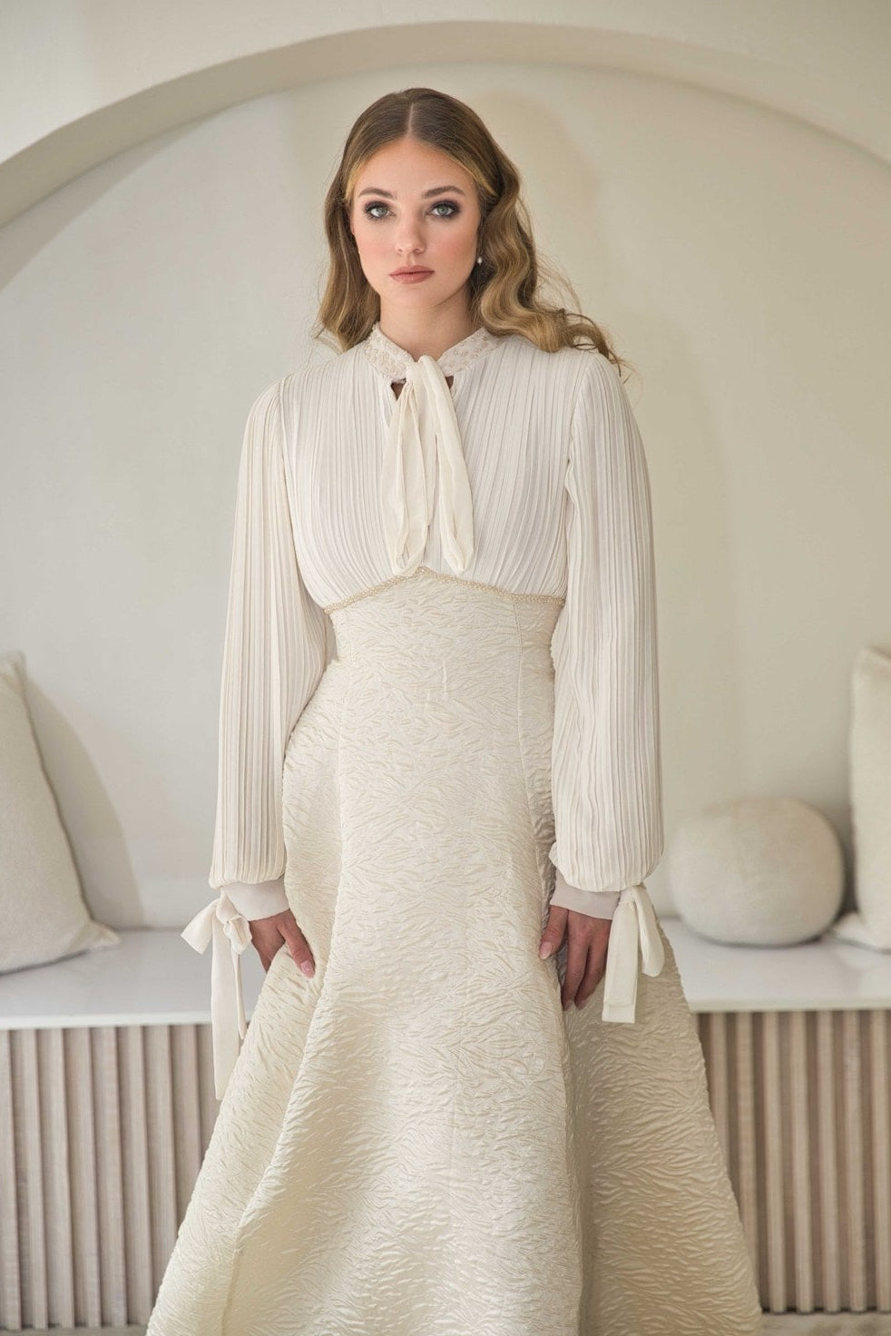 Exclusive Ivory Pleated Bow Neck Maxi Dress