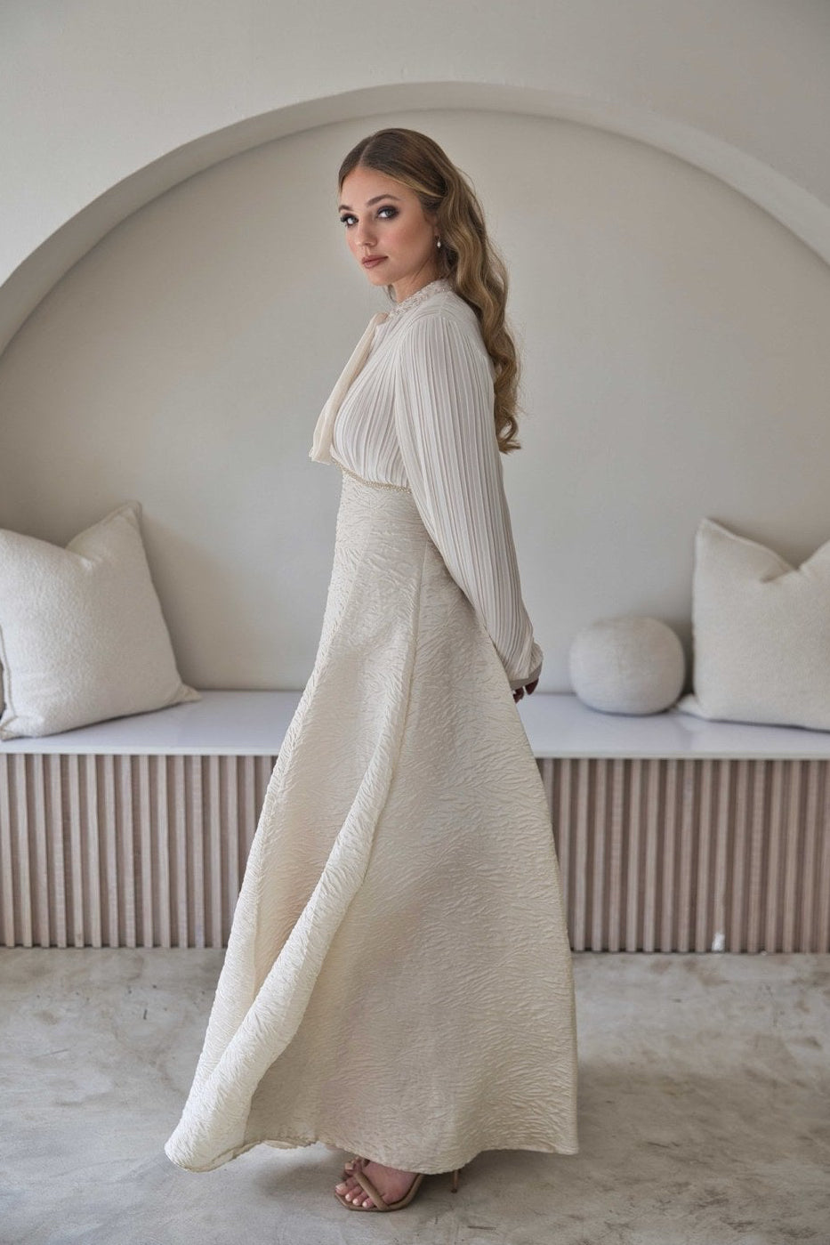 Exclusive Ivory Pleated Bow Neck Maxi Dress