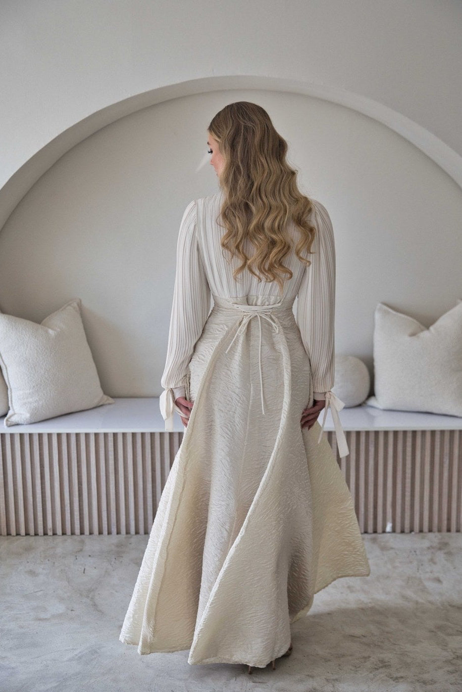 Exclusive Ivory Pleated Bow Neck Maxi Dress