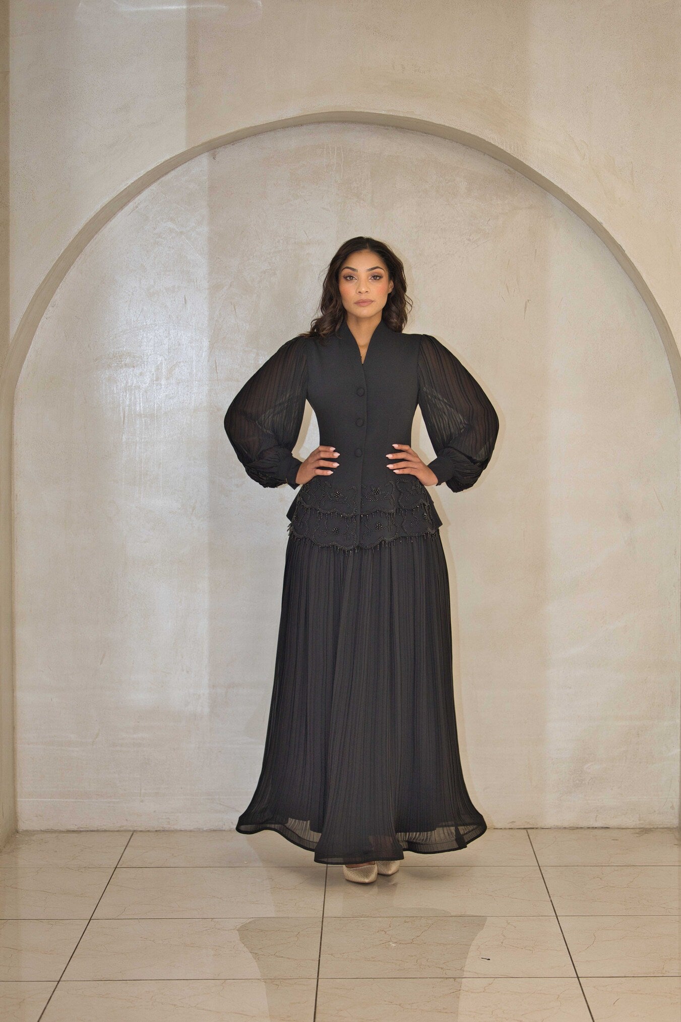 Luxury black pleated dress with beaded cut-work & chiffon balloon sleeves