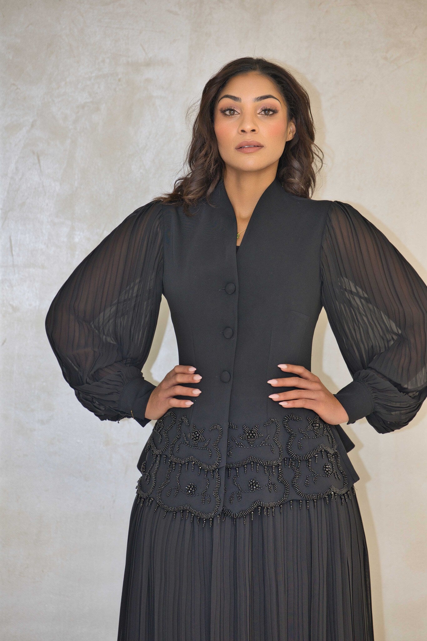Luxury black pleated dress with beaded cut-work & chiffon balloon sleeves