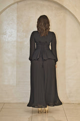 Luxury black pleated dress with beaded cut-work & chiffon balloon sleeves