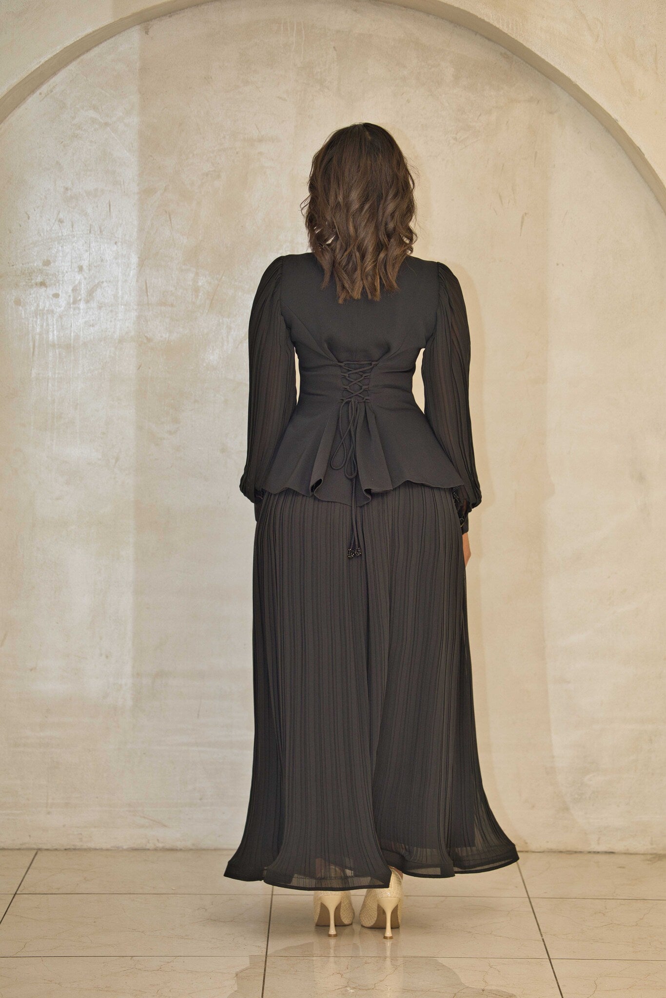 Luxury black pleated dress with beaded cut-work & chiffon balloon sleeves