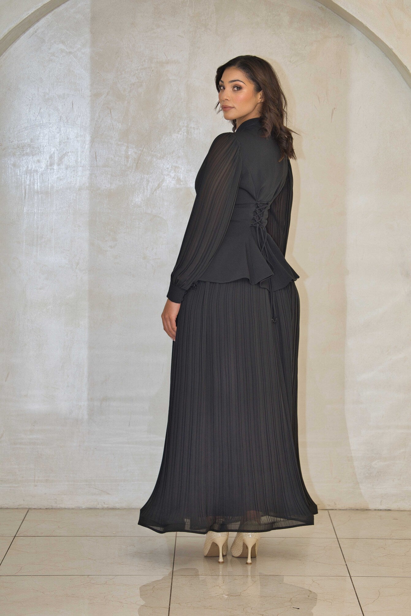 Luxury black pleated dress with beaded cut-work & chiffon balloon sleeves