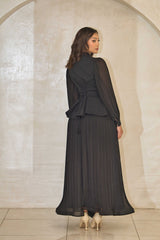 Luxury black pleated dress with beaded cut-work & chiffon balloon sleeves