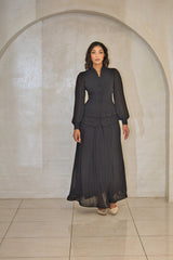 Luxury black pleated dress with beaded cut-work & chiffon balloon sleeves