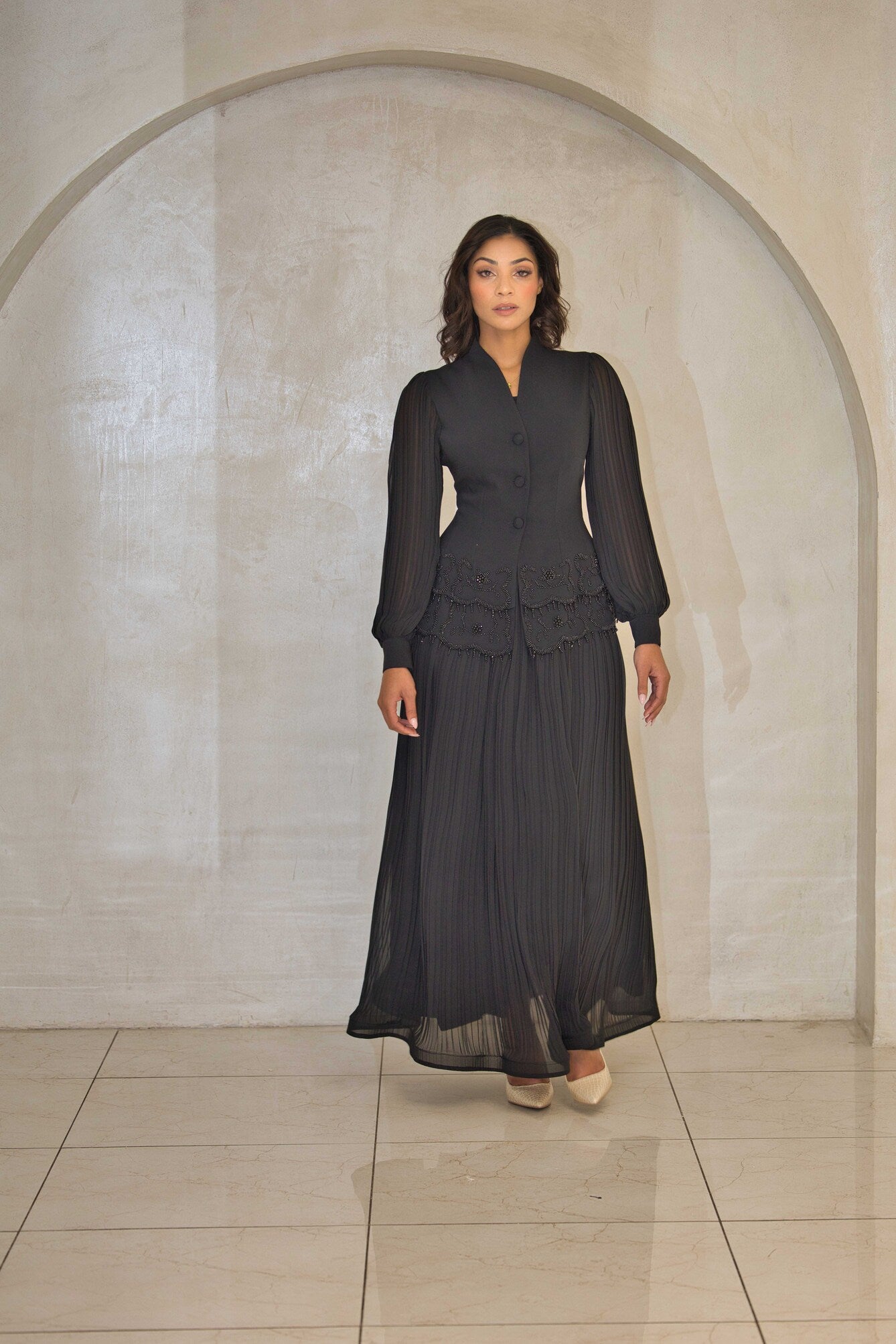 Luxury black pleated dress with beaded cut-work & chiffon balloon sleeves