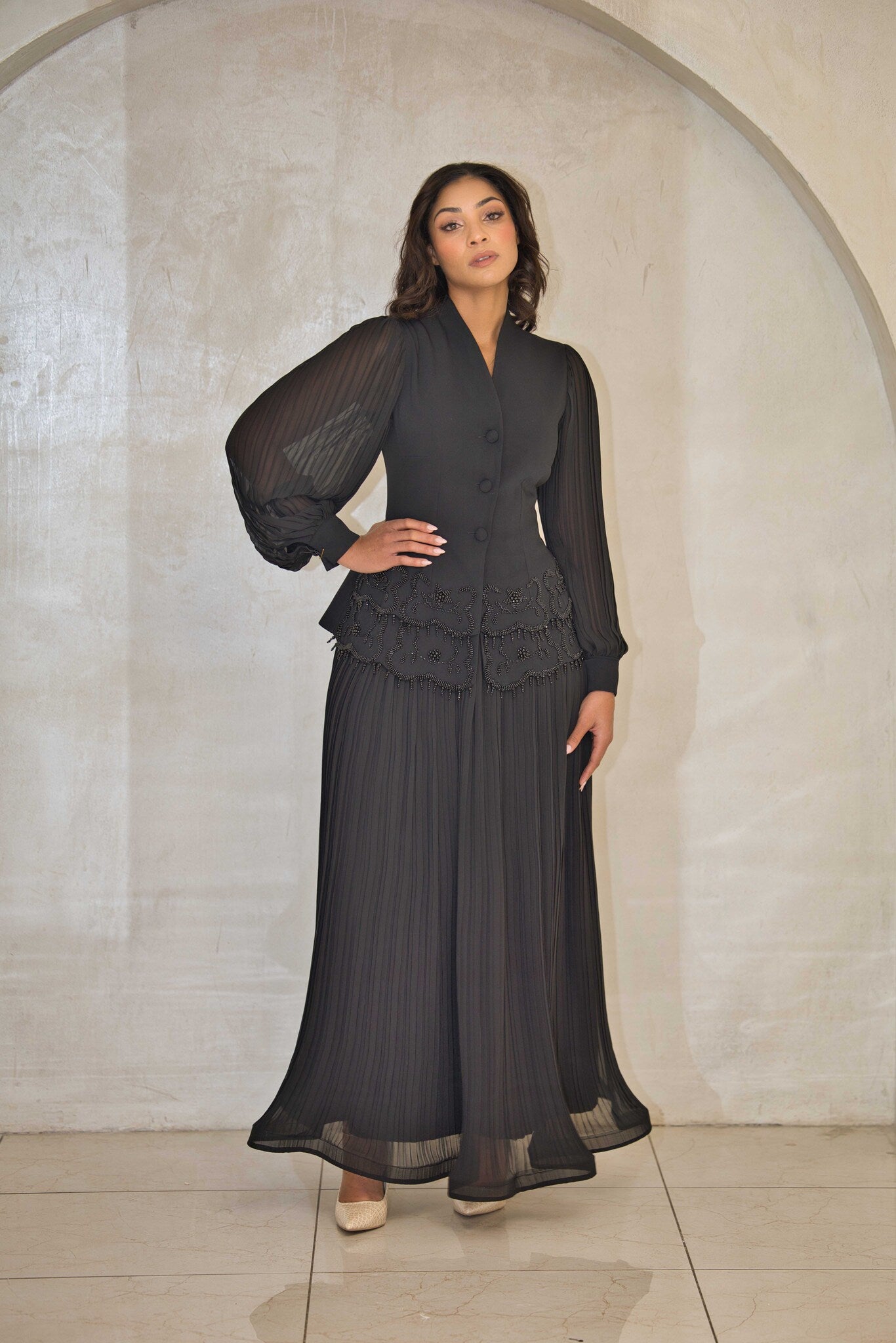 Luxury black pleated dress with beaded cut-work & chiffon balloon sleeves
