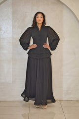 Luxury black pleated dress with beaded cut-work & chiffon balloon sleeves