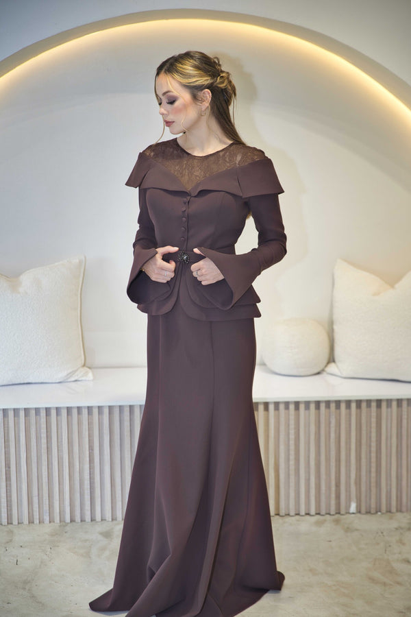Luxury Chocolate Brown Lace Gown | Full Length