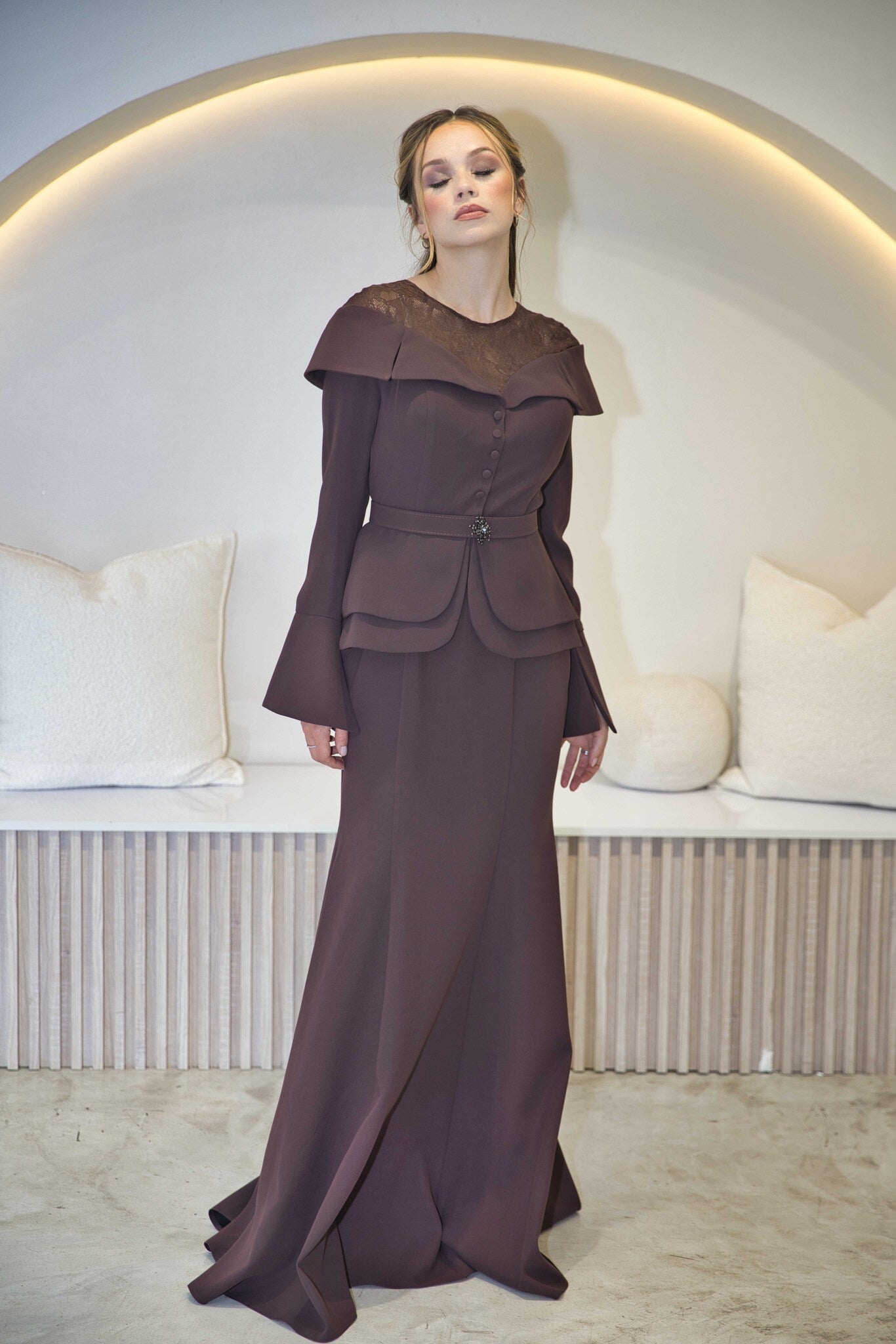 Luxury Chocolate Brown Lace Gown | Full Length